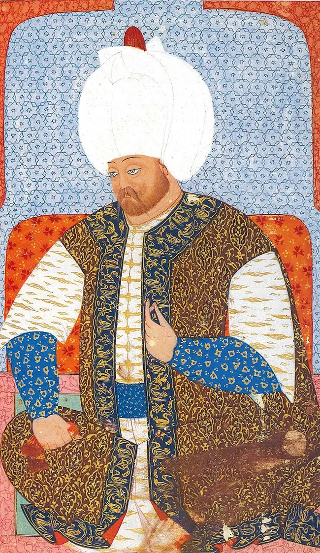 II. Selim'in büyük bir kavuk ve süslü bir kaftanla, dizlerinin üzerinde bir mendil tutarak oturduğu portre.